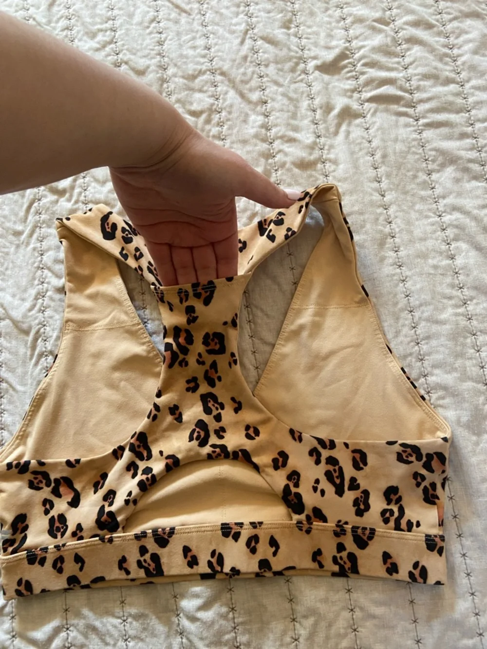 Fabletics Beige Leopard Print Racerback Sports Bra & Bike Shorts - Picture 5 of 5